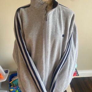 Y2K Russell Athletic Gray Zip-Up Sweater with Navy Stripes